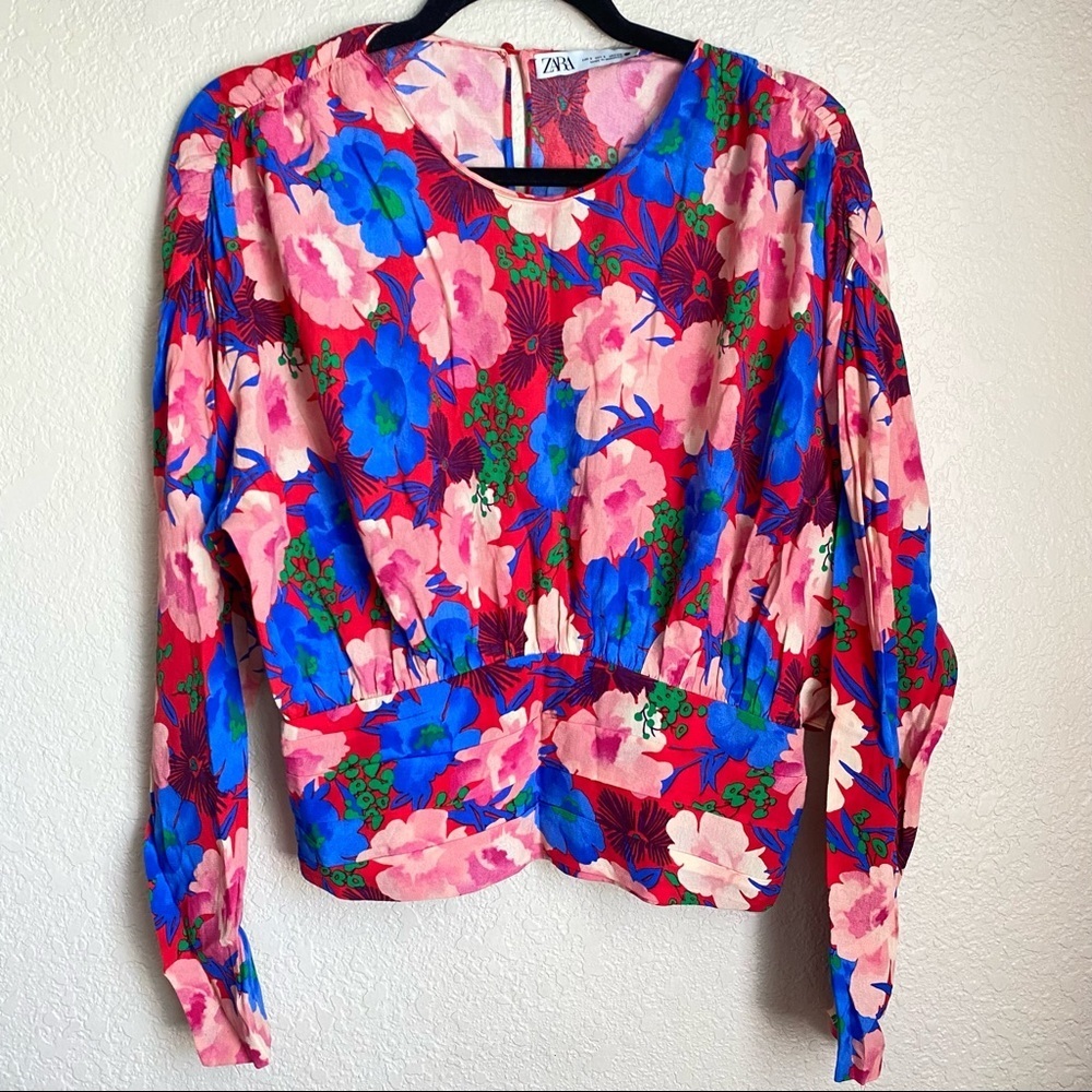 Zara draped  floral print  top long sleeve small